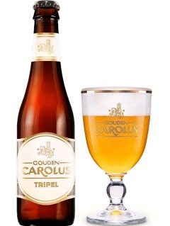 belgisches Bier Gouden Carolus Tripel 0,33l Bierflasche mit vollem Bierglas