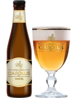 belgisches Bier Gouden Carolus Tripel 33 cl Bierflasche mit vollem Bierglas