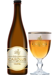 belgisches Bier Gouden Carolus Tripel in der 75 cl Bierflasche mit vollem Bierglas