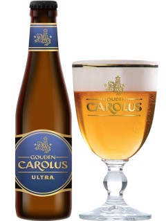 belgisches Bier Gouden Carolus Ultra in der 33 cl Bierflasche mit vollem Bierglas