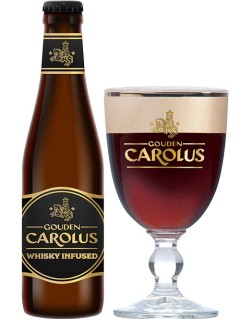 belgisches Bier Gouden Carolus Whisky Infused in der 33 cl Bierflasche mit vollem Bierglas