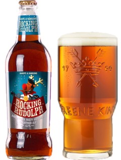 englisches Bier Greene King Rocking Rudolph Christmas Ale in der 0,5 l Bierflasche mit vollem Bierglas