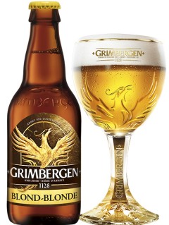 belgisches Bier Grimbergen Blond in der 33 cl Bierflasche mit vollem Bierglas