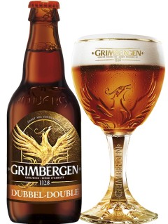 belgisches Bier Grimbergen Dunkel Dubbel in der 33 cl Bierflasche mit vollem Bierglas