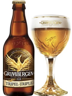 belgisches Bier Grimbergen Tripel in der 33 cl Bierflasche mit vollem Bierglas
