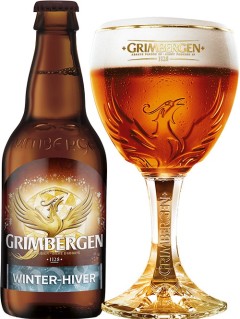 belgisches Bier Grimbergen Winter in der 0,33 l Bierflasche mit vollem Bierglas