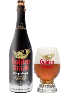 belgisches Bier Gulden Draak 9000 Quadrupel in der 0,75 l Bierflasche mit vollem Bierglas