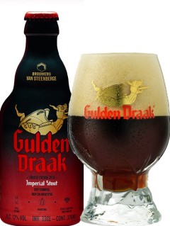 belgisches Bier Gulden Draak Imperial Stout in der 0,33 l Bierflasche mit vollem Bierglas
