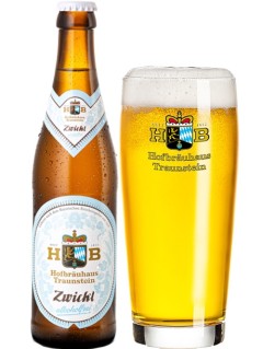 deutsches Bier HB Traunstein Zwickel alkoholfrei 0,33 l Bierflasche mit vollem Bierglas