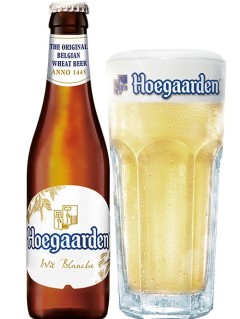 belgisches Bier Hoegaarden Wit in der 33 cl Bierflasche mit vollem Bierglas