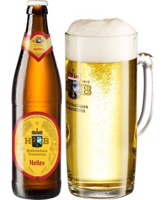deutsches Bier Hofbräuhaus Traunstein Helles in der 0,5 l Bierflasche mit vollem Bierglas
