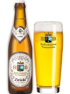deutsches Bier Traunstein Zwickel 0,33 l Bierflasche mit vollem Bierglas