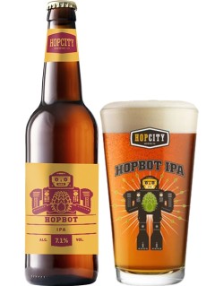 kanadisches Craft Beer Hopcity HopBot IPA in der 35 cl Bierflasche mit vollem Glas