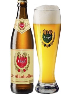 deutsches Bier Hopf Die Alkoholfreie in der 33 cl Bierflasche mit vollem Bierglas