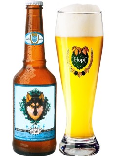 deutsches Bier Hopf White Weissbier in der 33 cl Bierflasche mit vollem Bierglas