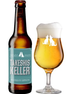 deutsches Bier Jade Woelfe Takeshis Keller in der 33 cl Bierflasche mit vollem Bierglas