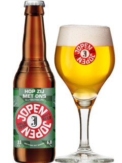 holländisches Bier Jopen Hop Zij Met Ons Gluten free IPA in der 0,33 l Bierflasche mit vollem Bierglas