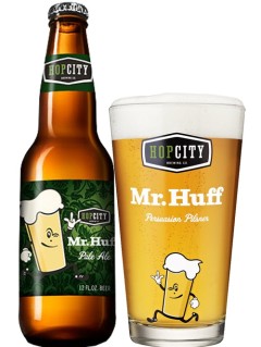 kanadisches Bier Hopcity Mr. Huff Pale Ale in der 33 cl Bierflasche mit gefülltem Bierglas