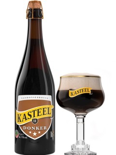 belgisches Bier Kasteel Dunkel in der 0,75 l Bierflasche mit vollem Bierglas