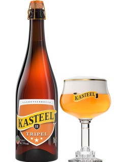 belgisches Bier Kasteel Tripel in der 0,75 l Bierflasche mit vollem Bierglas