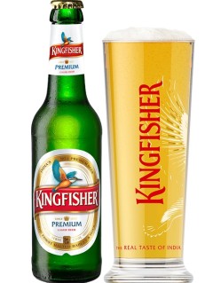 indisches Bier Kingfisher Premium Lager in der 0,33 l Bierflasche mit vollem Bierglas