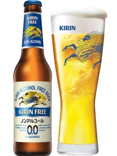 japanisches Bier Kirin Free in der 0,33 l Bierflasche mit vollem Bierglas