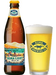 Bier aus den USA Kona Light Blonde Ale 0,355 l Bierflasche mit vollem Bierglas