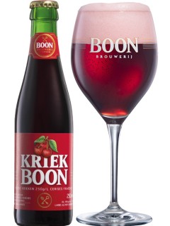 belgisches Bier Kriek Boon in der 0,25 l Bierflasche mit vollem Bierglas
