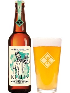 deutsches Craftbier Kuehn Kunz Rosen Kerlig Hell in der 0,33 l Bierflasche mit vollem Bierglas