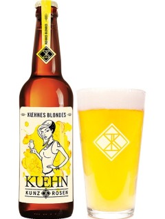deutsches Bier Kuehn Kunz Rosen Kuehnes Blondes in der 0,33 l Bierflasche mit vollem Bierglas