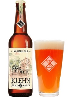deutsches Bier Kuehn Kunz Rosen Mainzer Pils in der 0,33 l Bierflasch mit vollem Bierglas