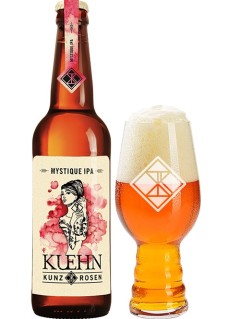 deutsches Bier als Craft-Beer Kuehn Kunz Rosen Mystique IPA in der 0,33 l Bierflasche mit vollem Bierglas