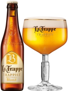 hollländisches Bier La Trappe Trappist Blond in der 0,33 l Bierflasche mit vollem Bierglas