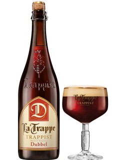 holländisches Bier La Trappe Trappist Dubbel in der 0,75 l Bierflasche mit vollem Bierglas
