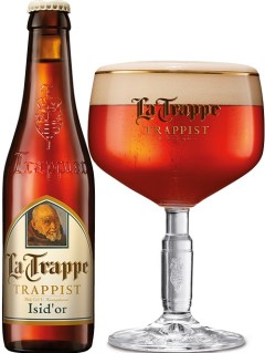 holländisches Bier La Trappe Trappist Isid'Or in der 0,33 l Bierflasche mit vollem Bierglas