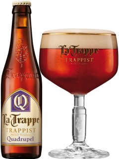 holländisches Bier La Trappe Trappist Quadrupell in der 0,33 l Bierflasche mit vollem Bierglas