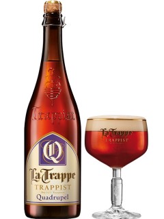 holländisches Bier La Trappe Trappist Quadrupel Trappistenbier in der 0,75 l Bierflasche mit vollem Bierglas