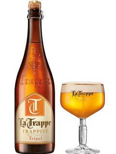 holländisches Bier La Trappe Trappist Tripel in der 0,75 l Bierflasche mit vollem Bierglas