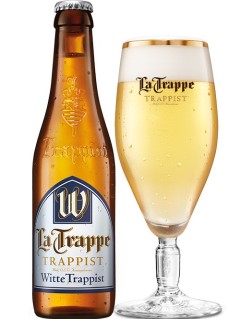 holländisches Bier La Trappe Trappist Witte Trappist in der 0,33 l Bierflasche mit vollem Bierglas
