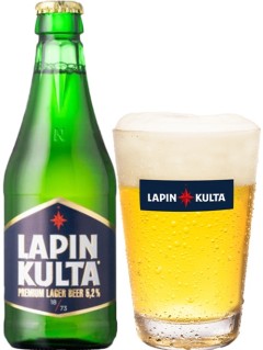 finnisches Bier Lapin Kulta in der 315 ml Bierflasche mit vollem Bierglas