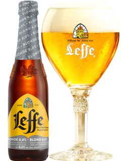 belgisches Bier Leffe Blond 0,0% alkoholfrei in der 33 cl Bierflasche mit vollem Bierglas