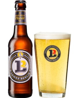 deutsches Bier Lemke Bohemian Pilsner in der 33 cl Bierflasche mit gefülltem Bierglas