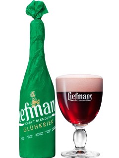 belgisches Bier Liefmans Glühkriek in der 75 cl Bierflasche mit vollem Bierkelch
