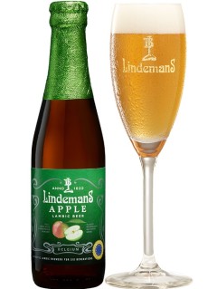 belgisches Bier Lindemans Appel in der 0,25 l Bierflasche mit vollem Bierglas