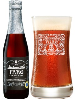 belgisches Bier Lindemans Faro in der 0,25 l Bierflasche mit vollem Bierglas