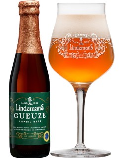 belgisches Bier Lindemans Gueuze in der 0,25 l Bierflasche mit vollem Bierglas