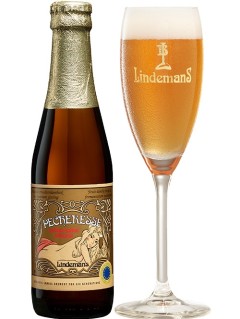 belgisches Bier Lindemans Pecheresse Bierflasche in der 0,25 l Flasche mit vollem Bierglas
