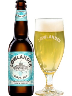 holländisches Bier Lowlander 0.00% Wit in der 33 cl Bierflasche mit vollem Bierglas