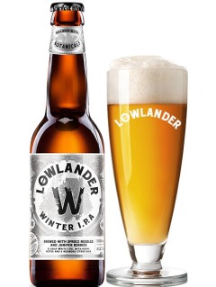 niederländisches Bier Lowlander Winter IPA in der 33 cl Bierflasche mit vollem Bierglas