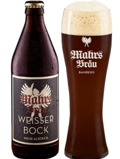 deutsches Bier Mahrs Bräu Weisser Bock in der 0,5 l Bierflasche mit vollem Bierglas